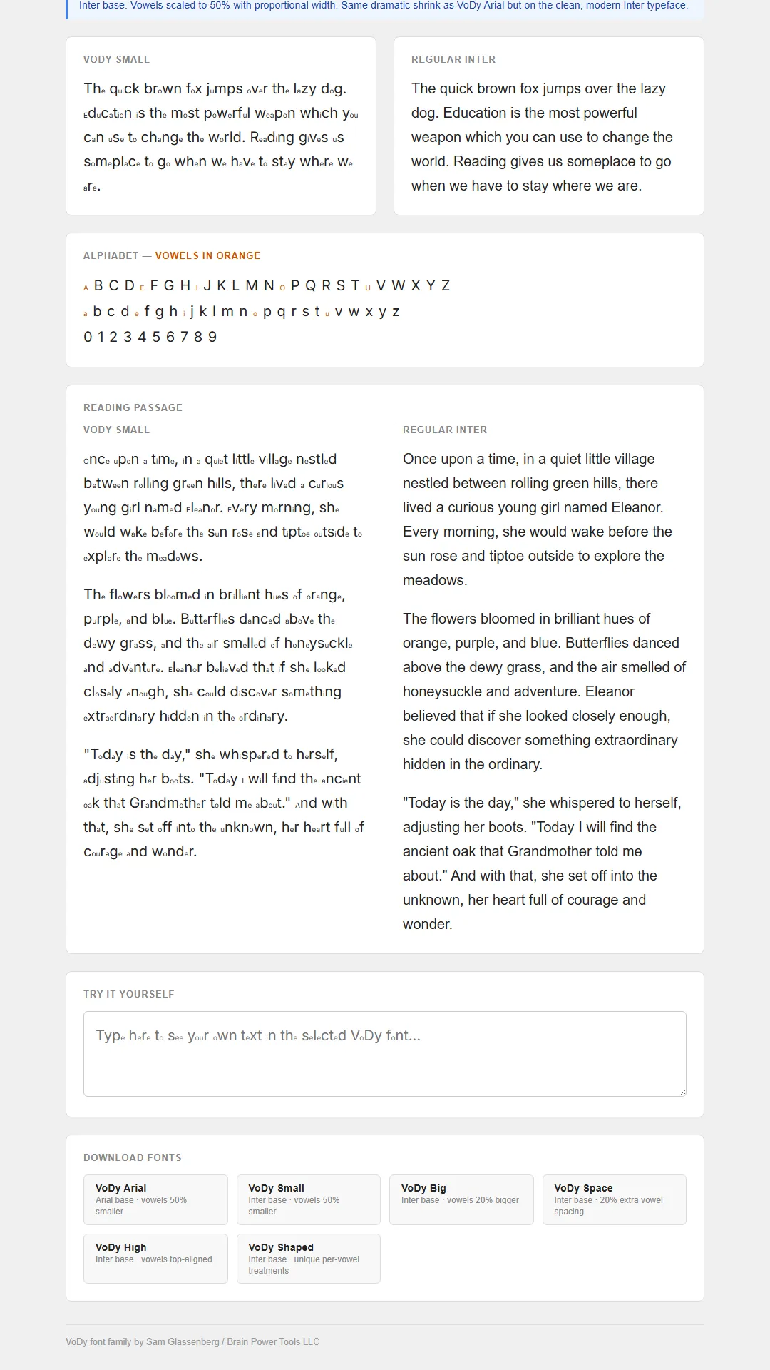 Side-by-side comparison of the six VoDy vowel-font variations